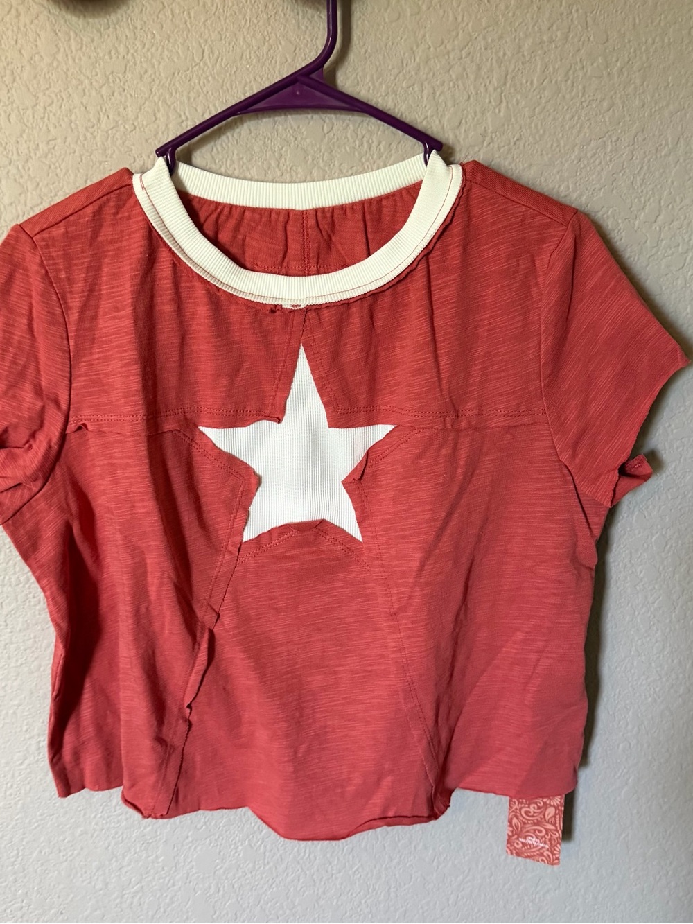 SHEIN Womens Large Boho Short Sleeve Crop Top T-Shirt Star Coral Red Cute NWT